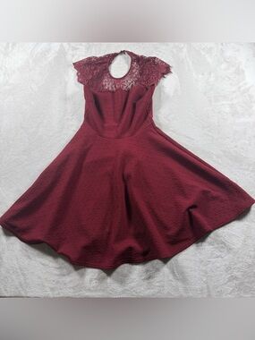 Women's Lace Yoke Fit-and-Flare Dress in Deep Wine